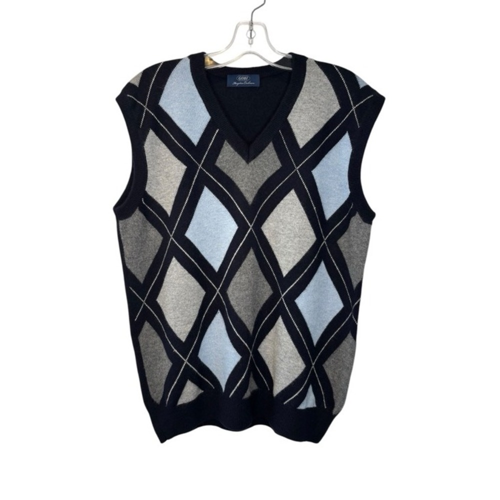 Gobi Cashmere Sweater Vest Mens S Navy Argyle V-Neck Excellent Mongolian Knit